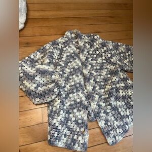 Chunky Hand Knit Women's Sweater with puffed sleeves- Purple, Gray and Cream